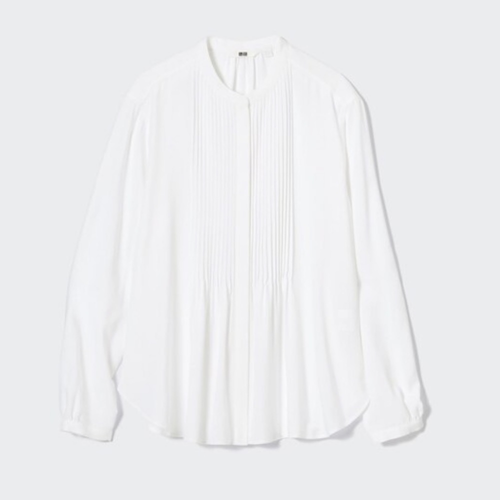 Uniqlo White Rayon Pintuck Long Sleeve Blouse‎ Size XL Office Classic Work - Picture 9 of 9